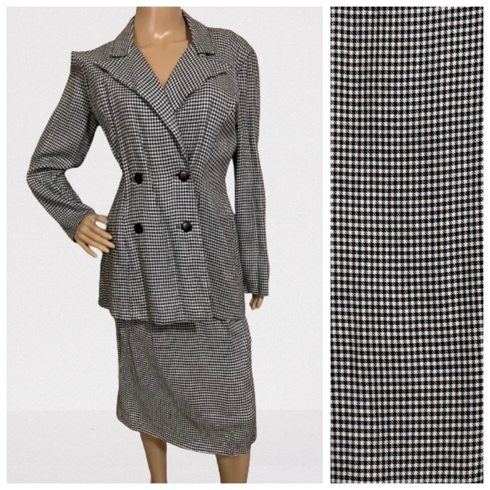 Vintage Black White Gingham Classy 2pc Skirt Blazer Set Size 9